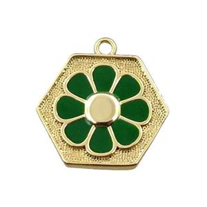 copper daisy pendant, hexagon, green enameling, gold plated, approx 17mm
