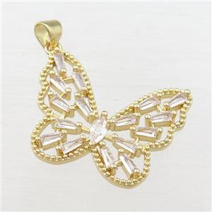 copper butterfly pendant pave zircon, gold plated, approx 21-28mm