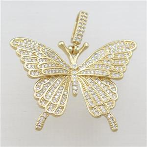 copper butterfly pendant pave zircon, gold plated, approx 30-40mm