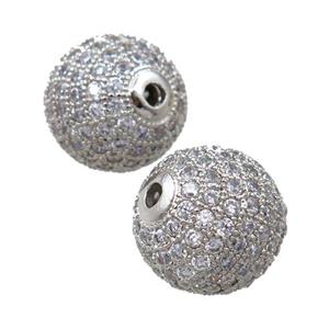 round copper beads paved zircon, platinum plated, approx 16mm dia