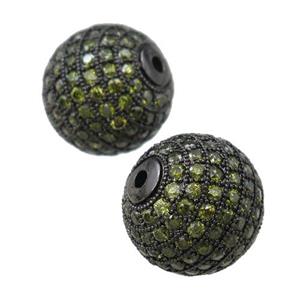 round copper beads paved green zircon, black plated, approx 16mm dia