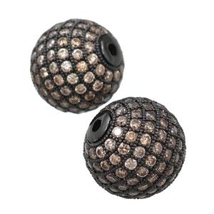 round copper beads paved champagne zircon, black plated, approx 16mm dia