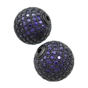 round copper beads paved purple zircon, black plated, approx 16mm dia