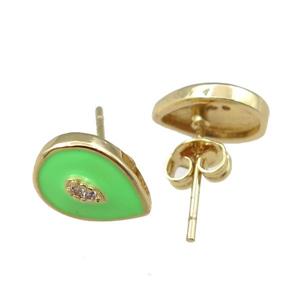 copper Stud Earring with green enameled, teardrop, gold plated, approx 7-11mm