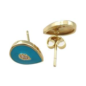 copper Stud Earring with blue enameled, teardrop, gold plated, approx 7-11mm