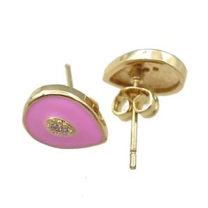 copper Stud Earring with pink enameled, teardrop, gold plated, approx 7-11mm