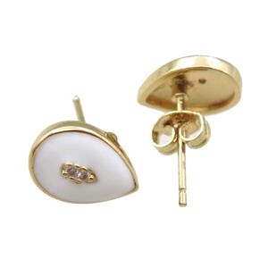 copper Stud Earring with white enameled, teardrop, gold plated, approx 7-11mm