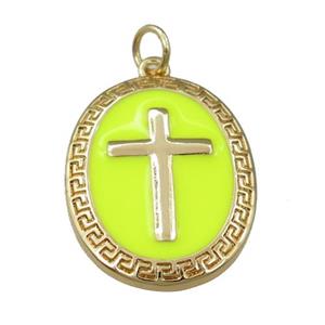 copper oval pendant with yellow enameled, cross, gold plated, approx 17-22mm