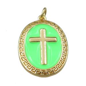 copper oval pendant with green enameled, cross, gold plated, approx 17-22mm