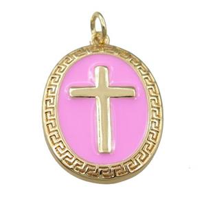 copper oval pendant with pink enameled, cross, gold plated, approx 17-22mm