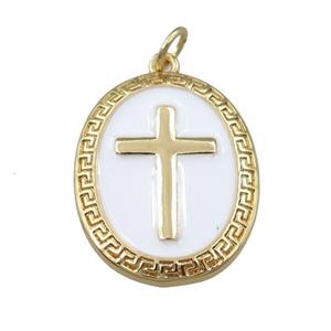 copper oval pendant with white enameled, cross, gold plated, approx 17-22mm
