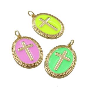 copper oval pendant with enameled, cross, gold plated, mix, approx 17-22mm