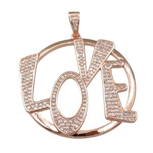 copper LOVE pendant pave zircon, rose gold, approx 37mm