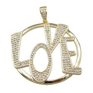 copper LOVE pendant pave zircon, gold plated, approx 37mm
