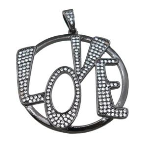 copper LOVE pendant pave zircon, black plated, approx 37mm