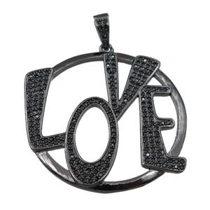 copper LOVE pendant pave zircon, letter, black plated, approx 37mm