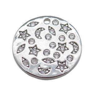 copper circle pendant pave zircon, celestial, platinum plated, approx 17mm dia