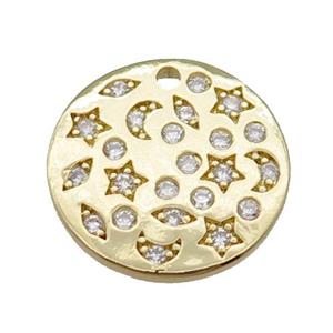 copper circle pendant pave zircon, celestial, gold plated, approx 17mm dia