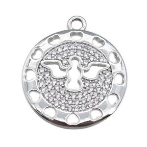 copper circle pendant pave zircon with angel, platinum plated, approx 20mm dia