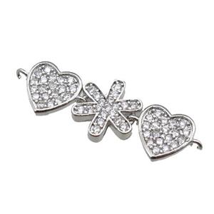 copper heart connector pave zircon, platinum plated, approx 10-30mm