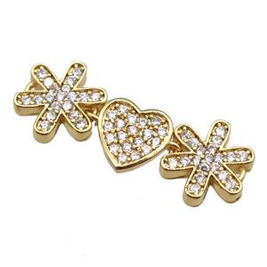 copper heart connector pave zircon, gold plated, approx 10-30mm
