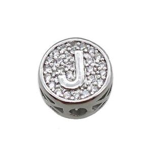 copper beads pave zircon, letter, platinum plated, approx 10mm