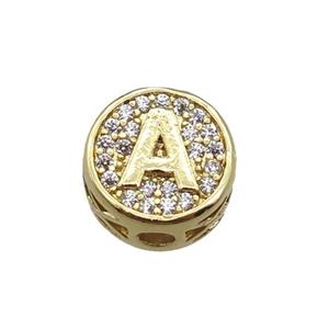 copper bead pave zircon, letter, gold plated, approx 10mm