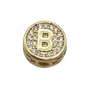 copper beads pave zircon, letter, gold plated, approx 10mm