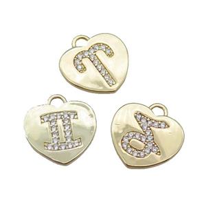 copper heart pendant pave zircon, mix zodiac, gold plated, approx 11-13mm
