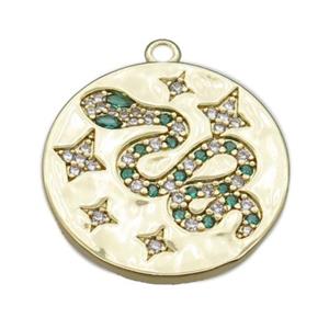 copper circle pendant pave zircon with snake, gold plated, approx 25mm dia