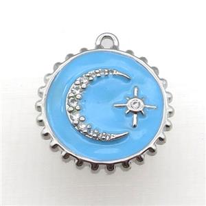 copper circle pendant with moon, blue enameled, platinum plated, approx 20mm dia