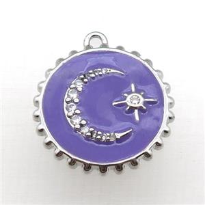 copper circle pendant with moon, purple enameled, platinum plated, approx 20mm dia