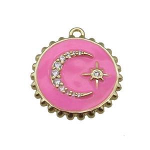 copper circle pendant with moon, enameled, gold plated, approx 20mm dia