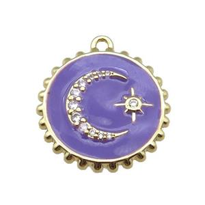 copper circle pendant with moon, enameled, gold plated, approx 20mm dia
