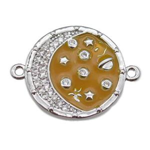 copper circle connector with moon, enameled, platinum plated, approx 20mm dia