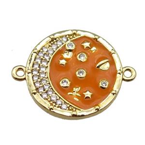 copper circle connector with moon, enameled, gold plated, approx 20mm dia