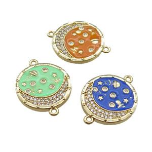 copper circle connector with moon, mix enameled, gold plated, approx 20mm dia