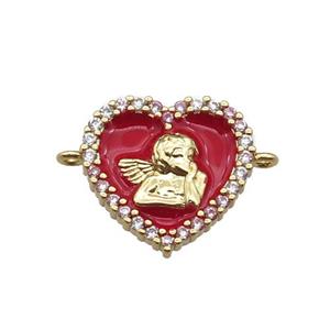 copper heart connector with angel, red enameled, gold plated, approx 13mm