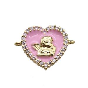 copper heart connector with angel, pink enameled, gold plated, approx 13mm