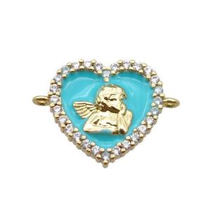 copper heart connector with angel, enameled, gold plated, approx 13mm