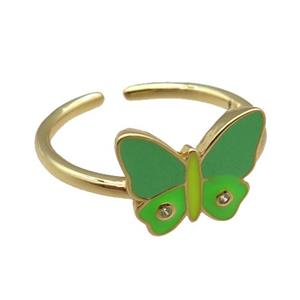 copper Rings, green enameled butterfly, adjustable, gold plated, approx 10-13mm, 18mm dia