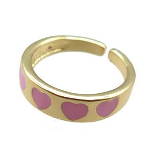 Copper Rings with pink enameling heart, gold plated, approx 5.5mm, 18mm dia