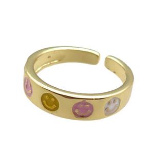 Copper Rings with enameling smileface, gold plated, approx 5.5mm, 18mm dia