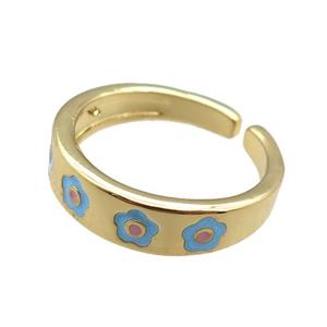 Copper Rings with blue enameling flower, gold plated, approx 5.5mm, 18mm dia