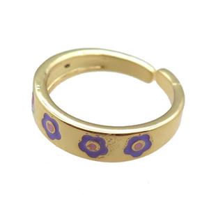 Copper Rings with purple enameling flower, gold plated, approx 5.5mm, 18mm dia