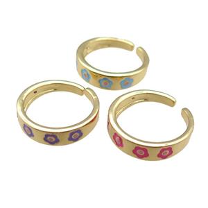 Copper Rings with enameling flower, mixed, adjustable, gold plated, approx 5.5mm, 18mm dia