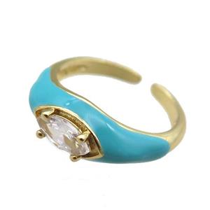 teal Enameling Copper Ring pave zircon, adjustable, gold plated, approx 8mm, 18mm dia