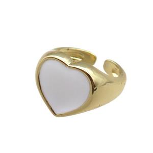 Copper Rings with white enameled heart, adjustable, gold plated, approx 12mm, 14mm dia