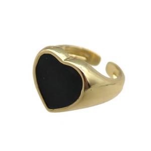 Copper Rings with black enameled heart, adjustable, gold plated, approx 12mm, 14mm dia