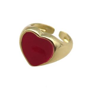 Copper Rings with red enameled heart, adjustable, gold plated, approx 12mm, 14mm dia